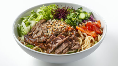 A vibrant beef noodle bowl topped with fresh vegetables and herbs. This dish highlights colorful ingredients for a nutritious and satisfying meal.の素材