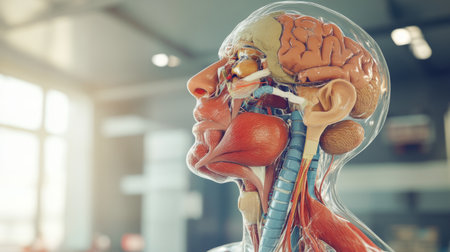A detailed profile view of a human anatomy model showcasing the brain, muscles, and nerves. Ideal for educational use in biology and healthcare fields.の素材