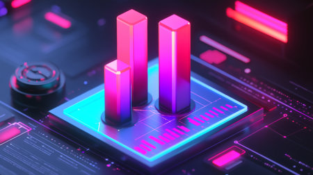 A vibrant 3D bar graph displayed on a digital interface, showcasing modern data visualization techniques. Ideal for technology and business themes.の素材