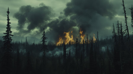 A dramatic scene of a forest fire consuming trees under dark clouds. The flames rise high, creating a sense of urgency and environmental concern.の素材