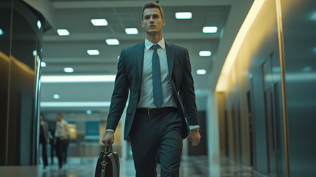A confident businessman walking through a modern office hallway with a briefcase in hand. The professional atmosphere highlights ambition and determination in a corporate setting.の素材