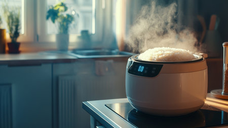 A modern rice cooker filled with steaming rice sits on a countertop in a bright kitchen. The ambient light creates a warm atmosphere, perfect for home cooking.の素材