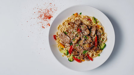A vibrant bowl of stir-fry noodles topped with tender beef slices and colorful vegetables, garnished with sesame seeds for an appetizing meal.の素材