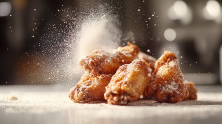 Mouthwatering crispy chicken wings dusted with seasoning, perfect for sharing at parties or enjoying as a delicious snack. Ideal for food enthusiasts!の素材