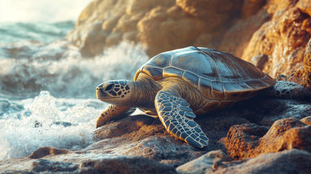 A serene sea turtle rests on rocky terrain by the ocean, showcasing its intricate shell against the backdrop of gentle waves. Perfect for wildlife themes.の素材