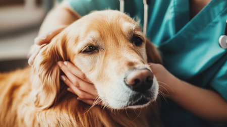 A golden retriever receives gentle care from a veterinarian, showcasing the bond between animals and their caregivers in a calm clinic atmosphere.の素材