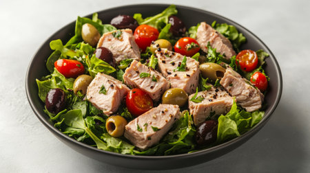 A vibrant salad featuring tender tuna, ripe tomatoes, and olives on a bed of fresh greens. Perfect for a healthy meal option or a gourmet dish.の素材