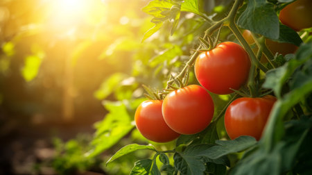 Lush garden scene featuring ripe red tomatoes hanging from green vines, illuminated by warm sunlight, showcasing freshness and organic growth in nature.の素材