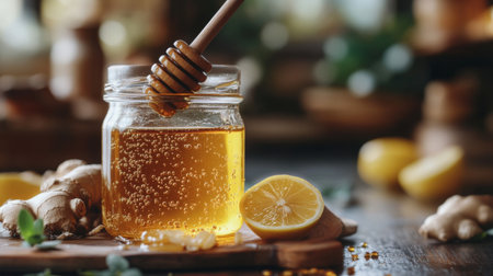 A warm and inviting image of honey in a jar with lemon slices and fresh ginger, showcasing natural ingredients perfect for teas or wellness recipes.の素材