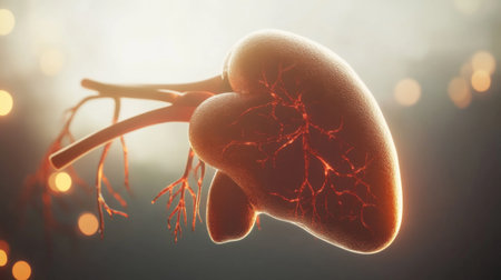 This 3D illustration shows a realistic heart anatomy with detailed vascular structures, ideal for medical and educational uses, highlighting human biology.の素材