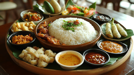 This vibrant platter showcases a variety of traditional Asian dishes, featuring fluffy rice, flavorful proteins, fresh vegetables, and a selection of sauces, perfect for sharing and enjoying.の素材