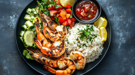 Enjoy a vibrant plate featuring grilled shrimp, fluffy rice, fresh vegetables, and tangy sauce, perfect for a healthy and delicious meal option.の素材