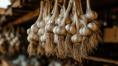A close-up view of fresh garlic bulbs hanging in a market setting. The rustic display highlights the natural textures and earthy colors of the garlic. Ideal for food-related projects.の素材