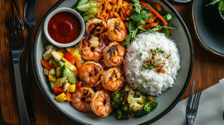 A beautifully arranged grilled shrimp platter featuring fresh vegetables, fluffy rice, and a flavorful dipping sauce, perfect for a healthy meal.の素材