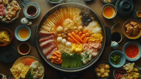 A vibrant hot pot filled with fresh ingredients like vegetables, meat, and sauces, perfect for a communal dining experience. A delightful culinary art!の素材