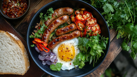 A vibrant plate featuring sausages, fried egg, and fresh vegetables. This colorful dish showcases herbs, chili, and onions, perfect for any meal.の素材