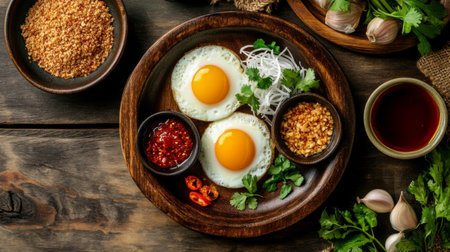 A vibrant breakfast scene featuring sunny-side-up eggs, fresh herbs, and an array of spices on a rustic wooden table, perfect for food lovers.の素材