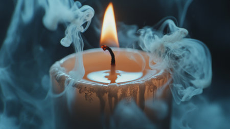 A glowing candle flame dances amidst wisps of smoke, creating a serene and tranquil atmosphere. Ideal for themes of relaxation and meditation.の素材