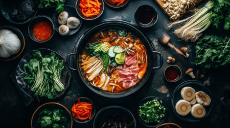 A colorful arrangement of fresh ingredients for a hot pot meal, featuring vibrant vegetables, herbs, and meat in a rich broth, perfect for sharing.の素材
