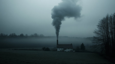 A haunting foggy landscape featuring an abandoned house with smoke rising from its chimney, creating a somber and atmospheric scene in nature.の素材