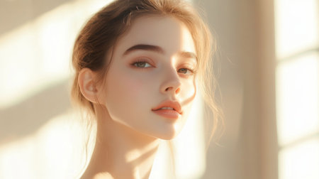 A captivating portrait of a beautiful young woman bathed in soft natural light, showcasing her serene expression and elegant features, perfect for beauty and lifestyle themes.の素材
