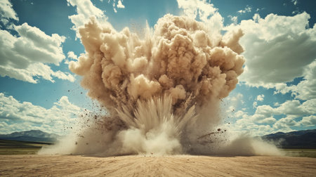 A dramatic explosion creates a massive cloud of dust and smoke against a bright sky, showcasing the power of nature and energy in action.の素材