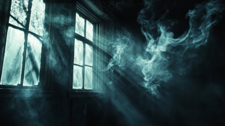 Evoke a sense of mystery with this atmospheric image featuring light filtering through smoke in an abandoned room, creating an eerie and tranquil scene.の素材