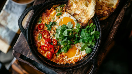 A close-up of a vibrant shakshuka served in a cast iron pan, featuring eggs, fresh herbs, and sliced peppers. Perfect breakfast or brunch dish.の素材