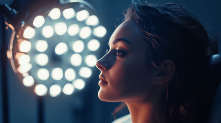 An intimate profile shot of a woman illuminated by soft studio lighting. This portrait captures beauty and tranquility, highlighting facial features and expression.の素材