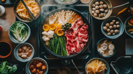 A beautifully arranged hot pot spread featuring fresh vegetables, assorted meats, and mushrooms, creating a vibrant and inviting dining experience. Perfect for sharing!の素材