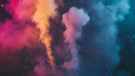 Stunning colorful smoke patterns create a vibrant atmosphere against a dark background, perfect for artistic and creative projects related to festivals and celebrations.の素材