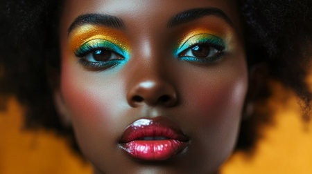 A stunning close-up portrait showcasing vibrant makeup with bold colors, focus on glossy lips and artistic eye shadow, capturing beauty and creativity.の素材