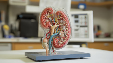This detailed model of human kidney anatomy offers an educational tool for students and professionals to explore the intricate structures and functions within the renal system.の素材