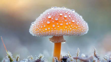 A stunning close-up of a glowing orange mushroom covered in dew drops, set against a soft, foggy background. Nature's beauty captured in detail.の素材