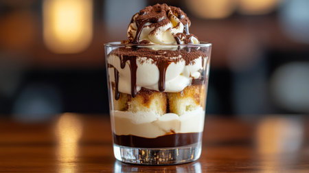 A tempting dessert featuring layered cake, creamy vanilla, and rich chocolate drizzle, perfect for indulgence in a restaurant or at home.の素材