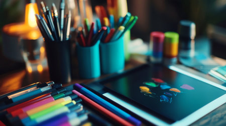 A vibrant collection of art supplies arranged neatly on a table in a creative workspace. Ideal for projects involving drawing, painting, or crafting.の素材