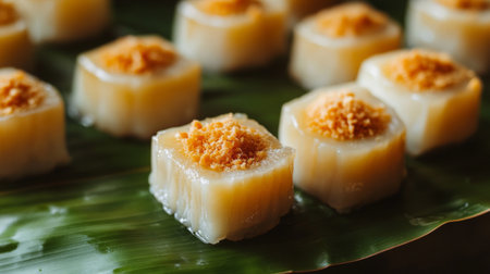 A delectable sweet dessert presented on a green leaf. This traditional treat features a creamy texture and a rich topping, perfect for any occasion.の素材