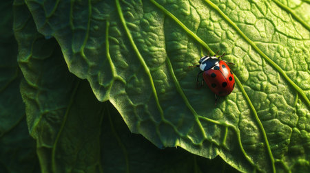 A vibrant red ladybug rests on a green leaf, capturing the beauty of nature with soft natural light highlighting its colors and details. Perfect for nature themes.の素材