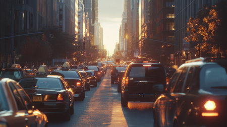 A vibrant city scene captures traffic during sunset, with vehicles lined on a bustling road framed by tall skyscrapers. The golden hour enhances the atmosphere.の素材