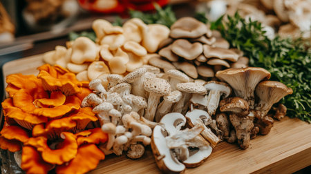 A vibrant assortment of fresh mushrooms displayed on a wooden board. Perfect for culinary use or as a delightful ingredient in gourmet dishes.の素材
