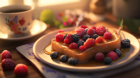 A delightful plate of toast topped with fresh raspberries and blackberries, drizzled with syrup, captures the essence of a cozy morning breakfast in soft light.の素材