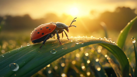A vibrant ladybug perched on a dew-kissed leaf, illuminated by the warm hues of sunrise. This serene scene captures the beauty of nature and intricate details.の素材