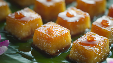 A vibrant display of delicious sweet treats on a leaf, featuring glossy orange squares drizzled with a sugar glaze, perfect for culinary events.の素材