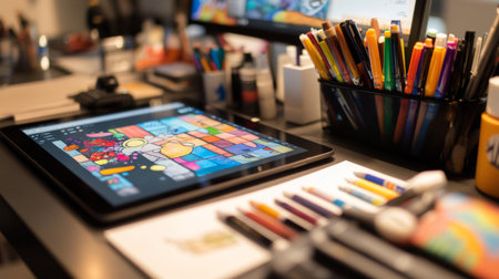 A vibrant creative workspace featuring a digital tablet surrounded by colorful art supplies, illustrating the fusion of digital and traditional artistry.の素材
