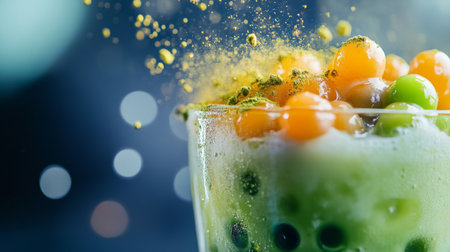 A vibrant dessert drink featuring colorful fruits and a frothy texture. Perfect for summer parties, refreshment, and gourmet presentations.の素材