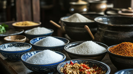 Discover a vibrant display of assorted spices and sugars in traditional bowls, perfect for highlighting culinary diversity and rustic charm in food photography.の素材