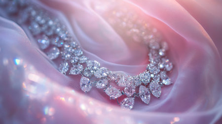 A stunning close-up of an elegant necklace resting on soft satin fabric, showcasing intricate diamond designs and a luxurious shine, perfect for conveying beauty and luxury.の素材