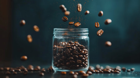 A mesmerizing image of coffee beans floating gracefully above a glass jar, capturing the essence of freshness and aroma in a stylish, dark setting.の素材
