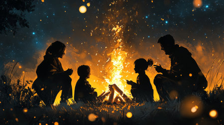 A heartwarming scene of a family gathered around a campfire at night. The silhouettes of children and adults share stories and laughter, creating a magical atmosphere.の素材