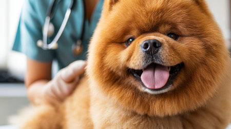 A cheerful fluffy dog receiving care at a veterinary clinic, showcasing a happy expression. Perfect for themes of pet health and animal care services.の素材